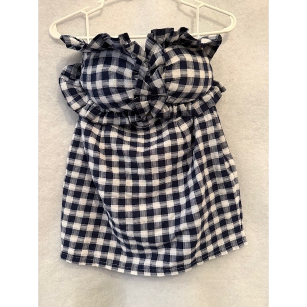 L'Atiste Navy White Gingham Ruffle Bandeau Top and Mini Skirt Set Size‎ M
